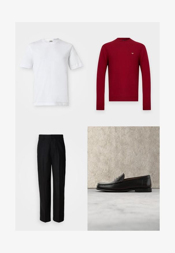 Rode trui met ronde hals, gemaakt van glad gebreid materiaal. Heeft lange mouwen en een klein gouden logo-accent op de borst.; Witte katoenen t-shirt met korte mouwen, ronde hals en een soepele textuur. Geen patronen of accenten zichtbaar.; Zwarte broek van gladde stof, met een recht gesneden ontwerp, vlakke voorkant en riemlussen, weergegeven tegen een effen achtergrond.; Zwarte leren penny loafer met lage hak, afgeronde neus en gestikte details langs de voorkant en zijkanten, afgebeeld op een neutrale achtergrond.