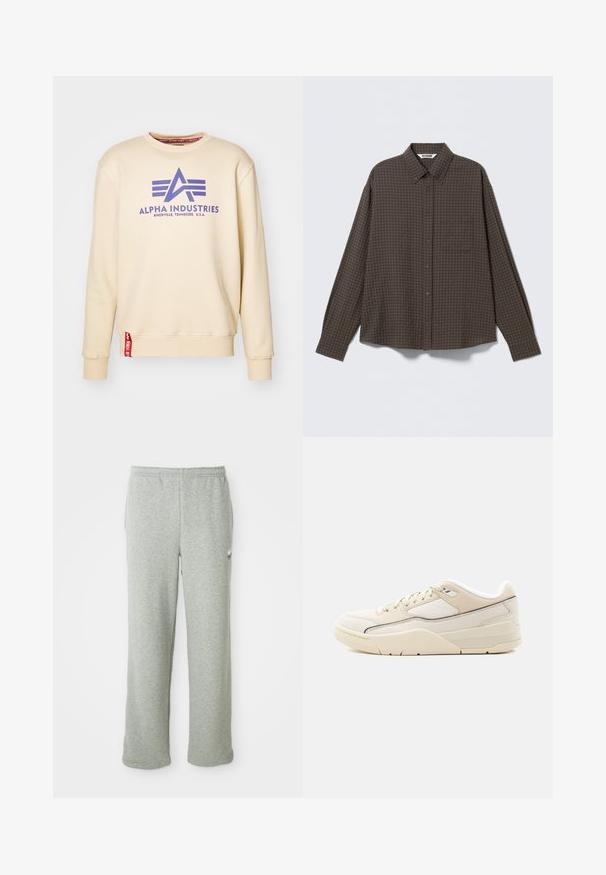 Beige Sweatshirt mit lila "Alpha Industries" Logo, Rundhalsausschnitt, gerippten Bündchen und einem roten Etikett am Saum. Weiche Stofftextur.; Braunes kariertes Hemd mit Knöpfen und langen Ärmeln, mit einer Brusttasche vorne und einem lockeren Schnitt. Hergestellt aus einem weichen, strukturierten Stoff.; Graue Jogginghose aus weichem Baumwollmischgewebe, mit elastischem Bund, geradem Bein und kleinem Logo auf der linken Seite.; Niedriger Sneaker in Cremefarbe mit beigen Akzenten, Schnürverschluss, gepolstertem Kragen und strukturierter Sohle vor hellem, einfarbigem Hintergrund.