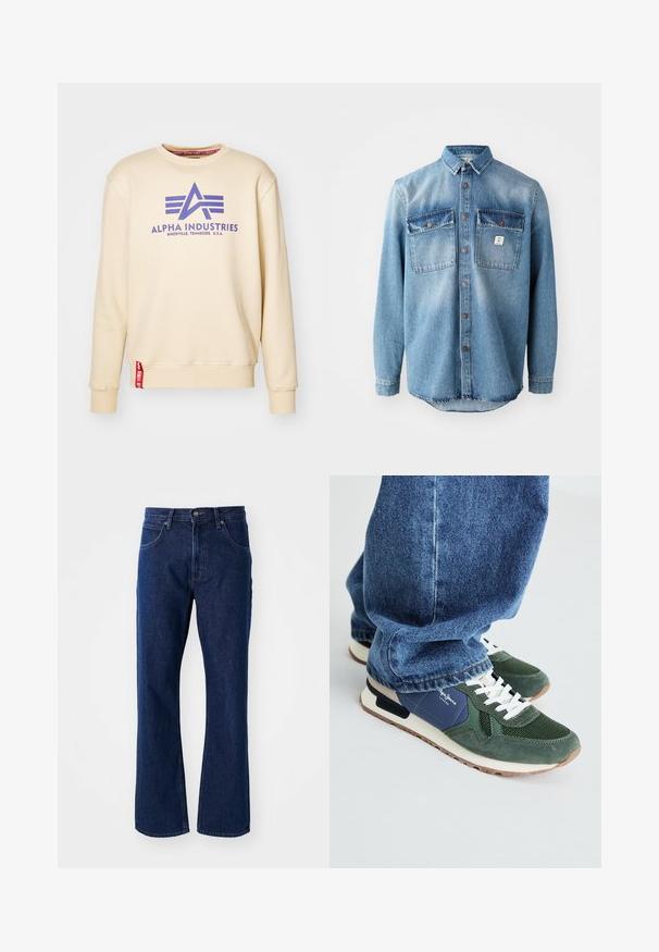 Béžová mikina s fialovým logom "Alpha Industries", s okrúhlym výstrihom, rebrovanými manžetami a červenou nášivkou na leme. Mäkká textúra látky.; Svetlomodrá denimová košeľa s dlhými rukávmi, dvoma náprsnými vreckami, zapínaním na gombíky a kontrastnými tmavšími vrchnými časťami vreciek. Obsahuje zaoblený lem.; Tmavomodré džíny rovného strihu s gombíkovým a zipsovým zapínaním, pútka na opasok a predné vrecká na jednoduchom pozadí.; Zelené a námornícke tenisky s detailmi z mriežky a semišu, biele šnúrky a béžová podrážka. Nosené s modrými džínsami, pričom sú viditeľné členky.