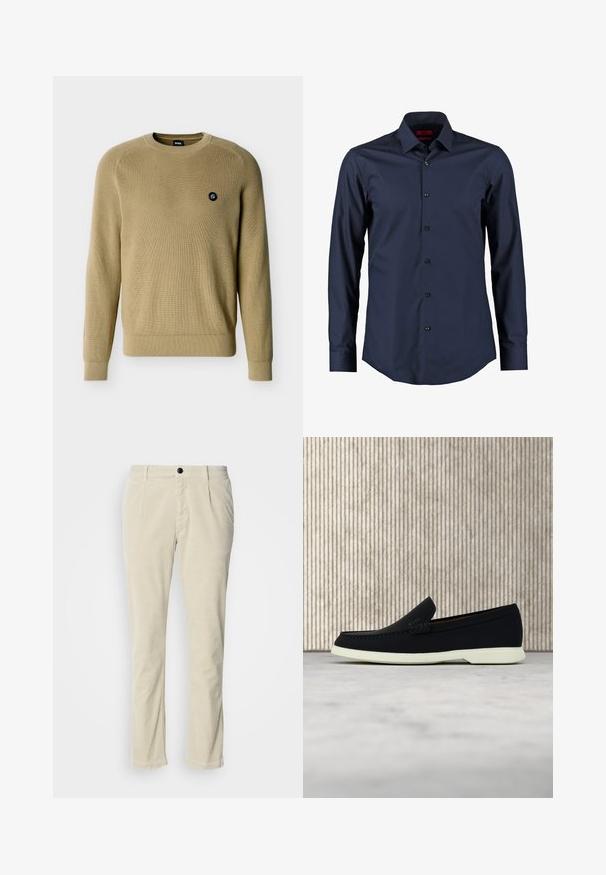 Suéter beige de punto con cuello redondo, mangas largas, puños y dobladillo acanalados, y un pequeño logo circular negro en el pecho izquierdo.; Camisa de manga larga azul marino con botones, hecha de una tela suave, que presenta un cuello clásico, un acabado sutil brillante y botones negros para el cierre.; Pantalones de pana beige claro con corte recto, que presentan un cierre de botón negro y una sutil textura acanalada. No se muestran bolsillos.; Zapato negro sin cordones con puntera redondeada, que presenta una parte superior texturizada, suela blanca lisa y un discreto detalle de marca en el lateral.