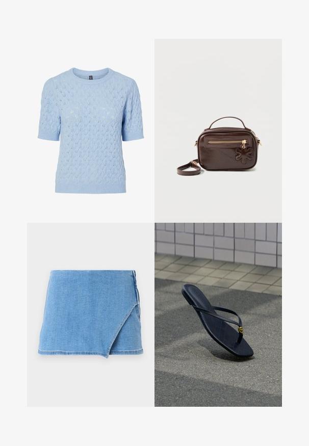 Lyseblå kortærmet strikket sweater med delikat bladmønster og ribstrikkede ærmekanter, krave og kant.; Lysblå denim mini-nederdel med ombukdesign, frynset kant og en glat tekstur. Ingen yderligere udsmykninger eller mønstre.; Sort læder-flipflop med en guldfarvet dekoration spænde, hvilende på tekstureret belægning tæt på flisebelagt væg i udendørs omgivelser.; Mørkebrun rektangulær læder skuldertaske med top-håndtag, lynlåslomme foran og blomsterformet lædervedhæng på lynlåstrækkeren.