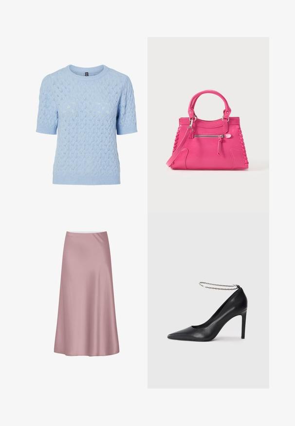 Hellblauer Kurzarm-Strickpullover mit zartem Blattmuster und Bündchen an Ärmeln, Kragen und Saum.; Sanfter rosa Satin-Midirock mit A-Linien-Silhouette und glattem, fließendem Stoff.; Schwarze Leder-Pumps mit hohen Absätzen und spitz zulaufender Zehenpartie, ausgestattet mit einem dünnen silbernen Kettenknöchelriemen und einer eleganten, glatten Textur.; Rosa Lederhandtasche mit zwei Griffen, dekorativer Seitenbanda und einer vorderen Reißverschlusstasche. Glatte Textur, strukturierte Form.