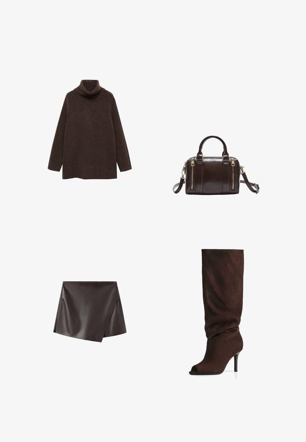 Pull turtleneck marron en tricot doux. Il présente des manches longues et une coupe décontractée avec un col haut pour plus de chaleur.; Minijupe en similicuir noir avec un design portefeuille, un ourlet asymétrique et une texture lisse. Fermeture éclair sur le côté.; Botte marron foncé en suede, haute jusqu'au genou, avec un tige ample, un bout ouvert et un talon haut fin, photographiée sur fond blanc.; Sac à main en cuir marron foncé avec deux zips dorés à l'avant, deux poignées et une bandoulière amovible.