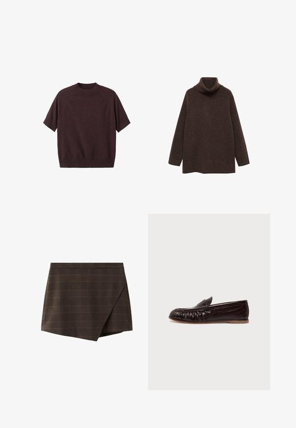 Brun turtle neck sweater lavet af blødt strikstof. Har lange ærmer og en afslappet pasform med høj krave for ekstra varme.; Kortærmet sweater i mørk burgundy strik. Har en ribbet rund hals og en afslappet pasform, med raglanærmer og en glat tekstur.; Brun ternet slå-om-nederdel med struktureret design, indsatte taljebånd og en let skråtstillet kant, lavet af tekstureret stof.; Mørkebrun læderloafer med krokodilletekstur og flad brun sål, vist fra siden på ensfarvet lyst baggrund.