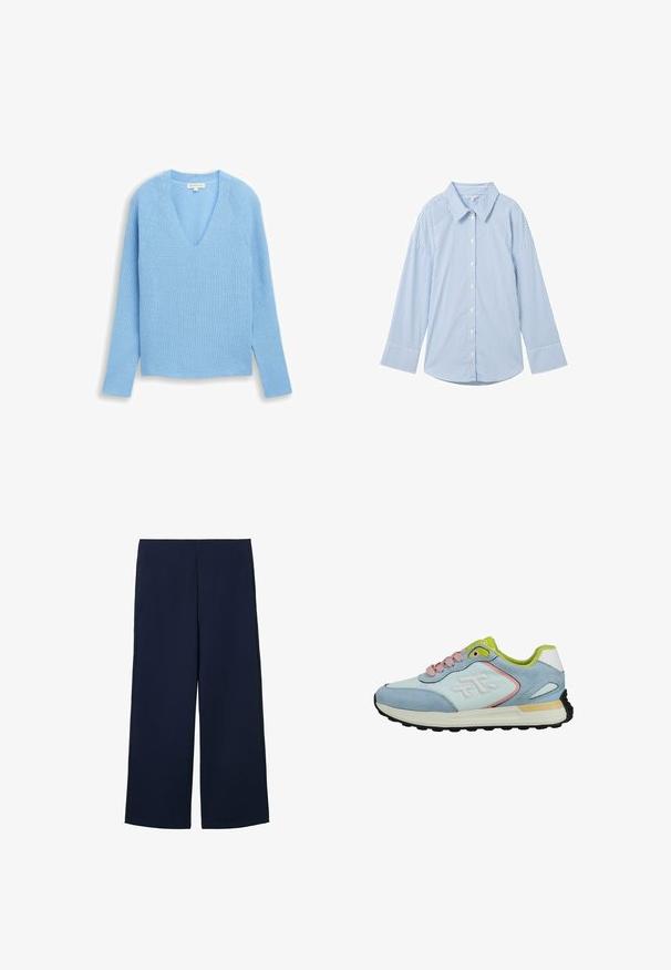Lyseblå, strikket sweater med V-hals, lange raglanærmer og ribbet struktur. Har slidser i siderne for bevægelsesfrihed.; Lys blå skjorte med knapper, hvide lodrette striber, lange ærmer, klassisk krave og afrundet kant. Lavet af et glat stof.; Marineblå brede bukser lavet af letvægtigt stof, med et rent design og lige snit, forsynet med sidelommer og uden synlige lukninger.; Lyseblå og pastelrosa sneaker med grøn indvendig foring, pink snørebånd, beige sål og sort mønster på ydersiden, med præget logo på siden.