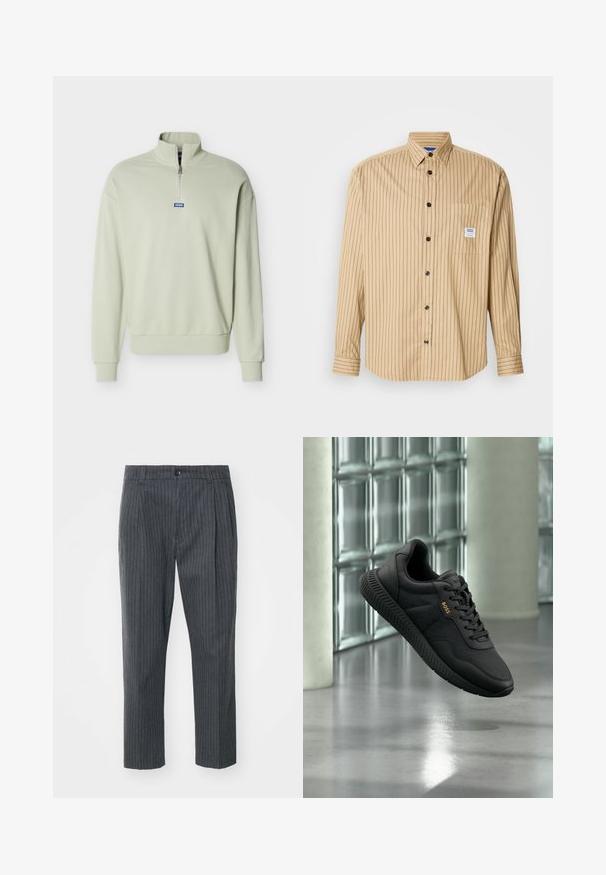 Jersey de manga larga verde claro con cremallera de cuarto de subida y etiqueta azul "HUGO" centrada debajo de la cremallera en el pecho.; Camisa abotonada color beige con rayas negras verticales, cuello puntiagudo, un bolsillo en el pecho y botones negros. Confeccionada con tela ligera.; Pantalones de rayas grises con un diseño de pierna recta, que cuentan con un cierre de botón y una textura de tela suave. Corte entallado con pinzas.; Zapatilla negra BOSS con suela texturizada y cordones, mostrada en el aire sobre un suelo brillante y fondo de pared de bloques de vidrio.