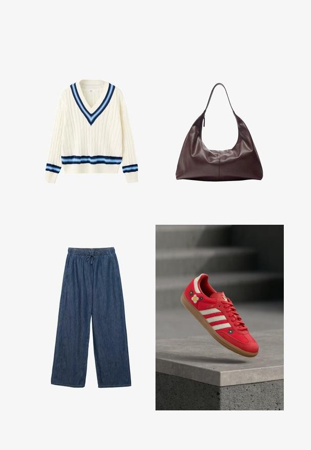 Pull en maille crème avec un col en V profond, des rayures bleu marine et bleu clair sur le col, les poignets et le bas, et un motif torsadé sur l'ensemble.; Pantalon en denim bleu à jambes larges avec taille élastique et cordon de serrage, doté de poches latérales et d'une coupe ample.; Chaussure de sport rouge avec des rayures blanches, une broderie florale et une semelle en gomme. Tissu lisse avec des accents en daim. Modèle : Samba.; Sac à bandoulière en cuir brun foncé avec une seule sangle et une fermeture éclair sur un côté, structure souple et décontractée, texture lisse.