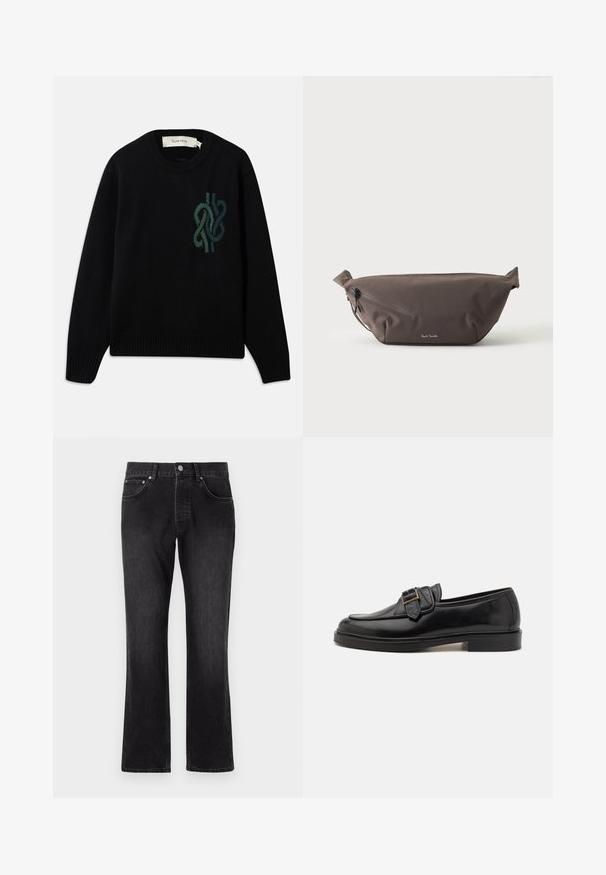 Zwart gebreid vest met ronde hals en een groene abstracte knoopontwerp op de borst, met ribgebreide manchetten en zoom.; Zwarte denim jeans met een rechte pasvorm, voorzien van een middelhoge taille, voorzakken en een klassieke knoopsluiting.; Zwarte leren instappers met een ronde neus en een decoratieve gesp. Platte, stevige hak en een gladde textuur overal.; Donkerbruine stoffen heuptas met diagonale ritssluiting en klein wit logo aan de voorkant, tegen een effen lichte achtergrond.