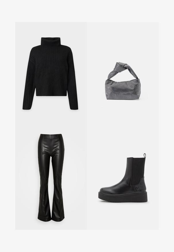 Schwarzer gerippter Strickrollkragenpullover mit langen Ärmeln und leicht cropped Passform auf schlichtem hellem Hintergrund.; ONLY ONLIDINA FLARE PANT - Stoffhose - black; Schwarze Leder-Stiefeletten mit elastischen Seitenpaneelen, strukturierten Akzenten im Krokodilsmuster, kräftiger Plattformsohle und Ziehschlaufe.; Schwarz-silberne Handtasche mit einer strukturierten Oberfläche, die ein Diamantmuster aufweist, einem geknoteten Griff und einer strukturierten Form.