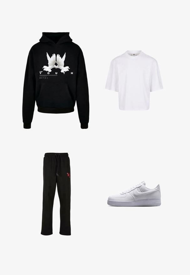 Sort hættetrøje med et grafisk design af to hvide duer med udstrakte vinger, tekst "LOST YOUTH" i fede bogstaver nedenfor. Tekstur af fleece-stof.; Hvid t-shirt med korte ærmer, der har en rund halsudskæring og en afslappet pasform, lavet af et glat bomuldsblandingsstof. Ingen mønstre eller udsmykninger.; Sorte sweats med elastisk talje og justerbar snor. Har et rødt logo på venstre lår. Blødt materiale.; Hvid lavtop Nike Air Force 1 sneaker med snørelukning og tekstureret sål vist i sideprofil på hvid baggrund.