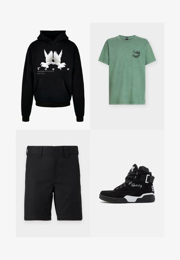 Sudadera negra con un diseño gráfico de dos palomas blancas con alas extendidas, texto "JUVENTUD PERDIDA" en letras negritas abajo. Tejido de felpa texturizado.; Camiseta verde de algodón con cuello redondo y mangas cortas, con un gráfico negro de un coche en el área del pecho izquierdo.; Pantalones cortos negros hasta la rodilla con trabillas para cinturón y bolsillos frontales, hechos de tela resistente, mostrados sobre un fondo blanco.; Patrick Ewing 33HI OG - Zapatillas altas - black/ white