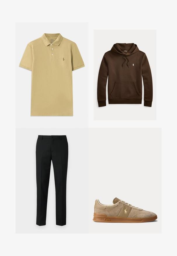 Hnedá mikina s kapucňou, predným vreckom na brušku, šnúrkou na kapucňu a malým bielym logom Polo Ralph Lauren na ľavej strane hrudníka.; Khaki polo tričko vyrobené z bavlny, so klasickým golierom, krátkymi rukávmi, zapínaním na tri gombíky a vyšívaným logom na hrudi.; Čierne upravené nohavice vyrobené z hladkej tkaniny, s upraveným pásom, prednými vreckami a úzkymi rovnými nohavicami.; Béžové nízke tenisky z brúseného semišu a kože s gumovou podrážkou, bielymi šnúrkami a logom Polo na boku a na podrážke.