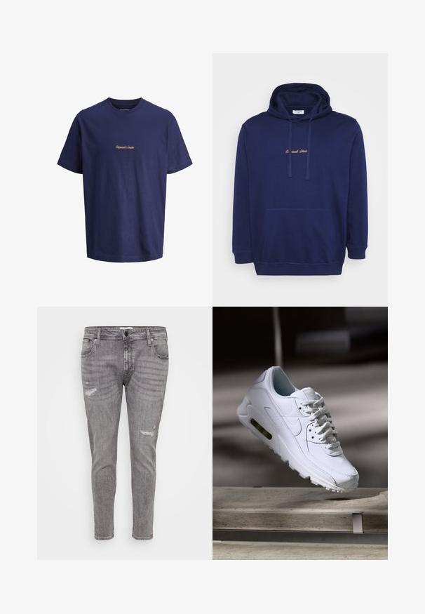 Marineblå hættetrøje med en frontlomme, snore og broderet tekst i lys brun. Fremstillet af blødt stof med en glat overflade.; Marineblå bomulds t-shirt med rund hals og korte ærmer; "Originals Studio" broderet med kontrastfarvet tan tråd på brystet.; Grå denim jeans med slidte detaljer, slim fit, standard fem-lomme design og en let sammenløbende ben.; Hvide lædersneakers med teksturerede overflader, polstret krave og synlig luftpolstring i sålen. Har snørrebånd og et minimalistisk design.