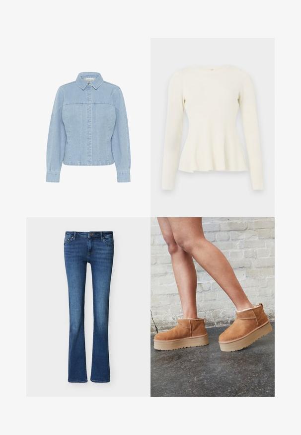 Langærmet, ribbet striktop i off-white med rund halsudskæring og flared kant. Blød tekstur med en tætsiddende bodice og flydende bund.; Lyseblå denimjakke med spidse kraver, frontknaplukning, lange ærmer og lodrette sømdetaljer. Glat tekstur.; Blå denim bootcut-jeans med forlommer, bæltestropper og knaplukning, vist mod en ensfarvet hvid baggrund.; Brune ruskinds ankelsko med en blød foring, tyk beige plattformsål og en bageste løkke. Tekstureret overflade med synlige sømdetaljer.