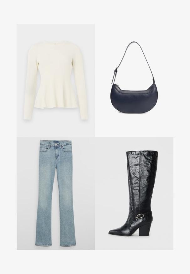Haut en tricot côtelé à manches longues en blanc cassé avec un col rond et un ourlet évasé. Texture douce avec un corsage ajusté et un bas fluide.; Jeans évasés en denim bleu clair taille haute, avec passants pour ceinture, poches avant et texture délavée.; Bottes noires montantes en cuir brillant, avec un bout pointu, une forme structurée, et une sangle décorative avec une boucle en argent.; Sac à main en cuir bleu marine en forme de croissant avec une bandoulière réglable et une fermeture éclair sur le dessus.