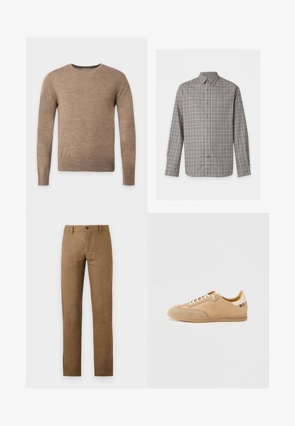 Pull beige à manches longues avec col rond et texture tricotée unie, présenté sur un fond clair uni.; Chemise à manches longues à boutons avec un petit motif à carreaux noir, blanc et marron et un col standard, présentée sur fond blanc.; Pantalon marron à jambes droites avec passants de ceinture et fermeture boutonnée et zippée à l'avant sur fond uni.; Baskets en daim beige avec des détails perforés, des lacets crème et une semelle texturée marron clair, avec un accent de couleur contrastante au talon.