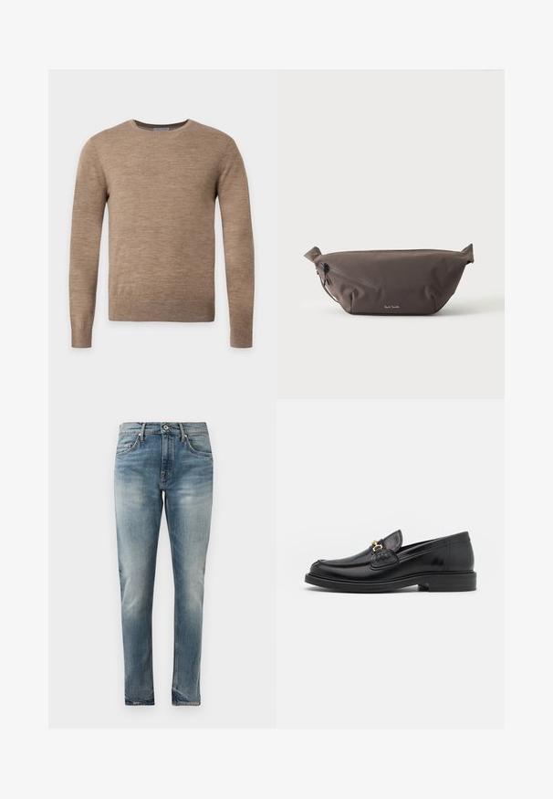Langærmet beige crewneck-trøje med ensfarvet striktekstur vist på en ensartet lys baggrund.; Slim-fit blå denimjeans med falmet vask, fem-lomme stil, knaplukning og diskret slidmærker ved hofter og knæ.; Sorte læder loafers med en rund tå, der har guld hardware accent og syningsdetaljer, placeret på en lav, tekstureret gummisål.; Mørkebrun stof talje taske med diagonalt lynlåslomme og lille hvidt logo på fronten, sat mod en ensfarvet lys baggrund.