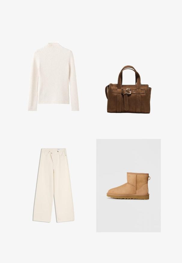 Geribbelde coltrui in off-white, gemaakt van zachte gebreide stof. Heeft lange mouwen en een aansluitend silhouet.; Off-white wijde broek met steekzakken aan de voorkant, lussen voor een riem en zilveren knopen op de tailleband en de randen van de zakken.; Tan suède enkellaars met ronde neus, gestikte details, trekhaak aan de achterkant en een gestructureerde rubberen zool. Ontworpen voor comfort en warmte.; Bruine suède handtas met twee korte handvatten, verticale banden en een decoratieve gouden gesp aan de voorkant in het midden.
