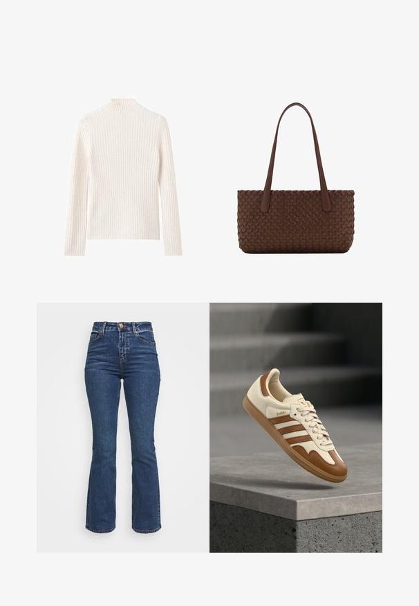 Ribstrikket rullekravesweater i off-white, lavet af blødt strikstof. Har lange ærmer og en tætsiddende silhuet.; Højtaljede blå jeans lavet af denim. Flared ben-design med knaplukning og lommer. Har en klassisk vask og syning detaljer.; Klassisk sneaker med øverste del i cremefarvet læder, brune accenter, tre striber og en tekstureret gummisål. Har en rundet snude og snørelukning.; Brun læderhåndtaske med et vævet teksturmønster, med to lange, slanke håndtag til skulderbæring.
