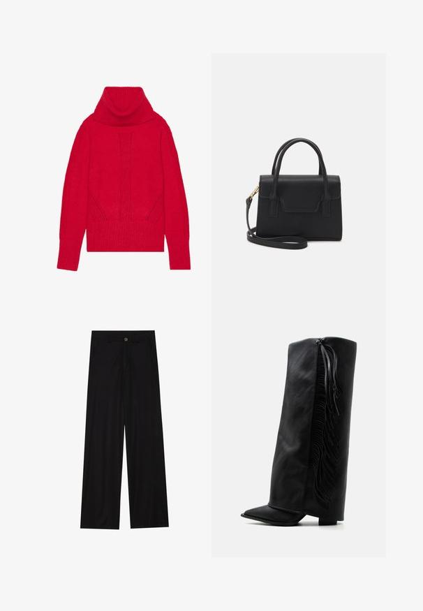 Pull à col roulé tricoté rouge présentant une texture côtelée, des détails verticaux, et de larges poignets et ourlet côtelés. Tissu doux et épais.; Pantalons noirs à jambes larges en tissu lisse, avec poches avant et fermeture à bouton à la taille. Design minimaliste sans motifs.; Botte noire en cuir montante jusqu’au genou avec bout pointu et franges décoratives le long du côté extérieur sur fond blanc uni.; Sac à main structuré noir en cuir avec une poignée supérieure, une bandoulière détachable et un détail à rabat à l'avant. Accents en matériel doré.