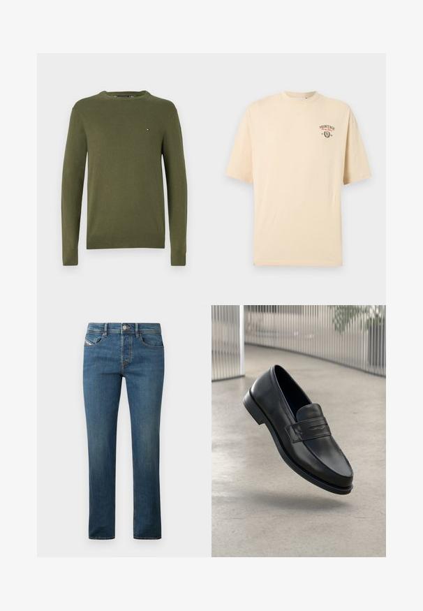 Suéter de cuello redondo en verde oliva de material de punto con puños y dobladillo acanalados; presenta un pequeño logo bordado en el pecho.; Camiseta beige de manga corta con el logo Heritage, texto en rojo y "1982" en el pecho superior izquierdo, mostrada sobre un fondo liso.; Jeans de mezclilla azul oscuro con un diseño de pierna recta, estilo de cinco bolsillos y un ligero desgaste. Presenta un botón de metal y trabillas para el cinturón.; Mocasín de cuero negro con textura suave, punta puntiaguda y una correa decorativa a lo largo del empeine. Suela ligera, diseño minimalista.