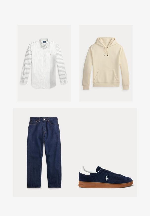 Beežisis värvitoonis kapuutsiga pullover, esiküljel kenguru tasku ja paelaga kapuuts, ees rinnal väike tagasihoidlik tikandiga logo.; Valge pika varrukaga nööbitav särk, millel on õhukesed vertikaalsed sinised triibud ja väike tikitud logo vasakul rinnal.; Tumesinised sirgete säärega teksapüksid, viis taskut, nööpkinnitus ja nähtavad õmblused.; Tumesinist seemisnahast toss valge kannataskuga, küljel tikitud logoga, pruun kummipõhi ja mustade ninadega.