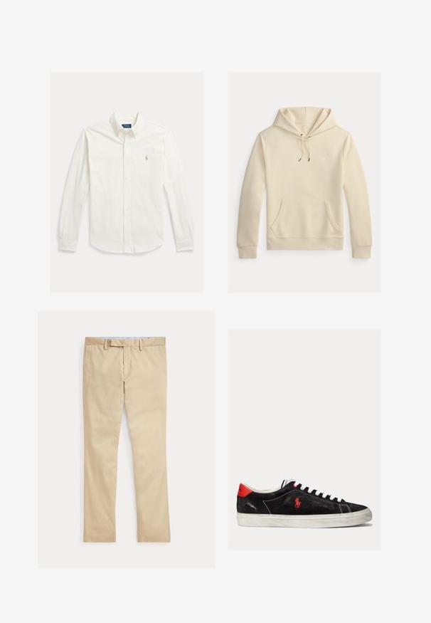 Beežisis värvitoonis kapuutsiga pullover, esiküljel kenguru tasku ja paelaga kapuuts, ees rinnal väike tagasihoidlik tikandiga logo.; Valge pikakäeline nööbitav särk kraega ja Polo Ralph Laureni logo vasakul rinnal tikitud.; Beeži sirgete säärega püksid vööaasade ja ees oleva tõmblukuga, laotatud tasaselt valgele taustale.; Mustmustest mustad valged paelad, punased aktsendid kanna juures ja väike punane logo. Omab lame kummitalda ja lihtsat õmblust.