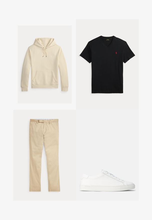 Beige pullover-hoodie med frontlomme og snøre i hætten, med et lille diskret broderet logo på brystet.; Sort V-hals T-shirt med korte ærmer og et lille rødt Polo Ralph Lauren-logo på venstre bryst.; Beige bukser med lige ben, bæltestropper og frontlynlås, lagt fladt mod en hvid baggrund.; Hvide lædersneakers med en glat overflade, rund form, flad gummisål og hvide snørebånd. Har et minimalistisk design og diskret branding.
