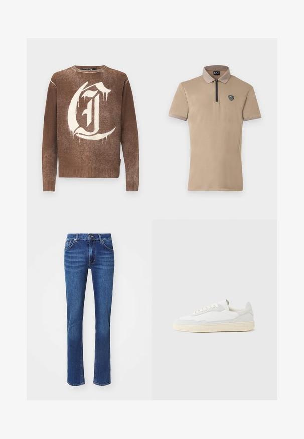 Brauner Rundhals-Pullover mit einem großen weißen stilisierten gotischen Buchstaben "C" auf der Vorderseite sowie gerippten Bündchen und Saum.; Beiges Poloshirt mit kurzem Reißverschluss, schwarzen Akzenten und einem Logo-Patch auf der linken Brust. Aus weichem, glattem Stoff mit kontrastierendem Kragen.; Dunkelblaue Denim-Jeans mit geradem Bein, dezent ausgebleicht, fünf Taschen und Knopfverschluss. Neutrale Nähte setzen Akzente.; Weißer Sneaker mit strukturiertem Obermaterial aus Wildleder und Leder. Verfügt über eine runde Zehenpartie, Schnürverschluss und eine kontrastierende beige Gummisohle.