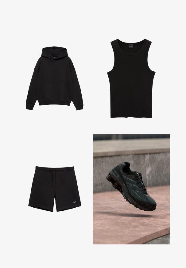 Sweat à capuche noir à enfiler, manches longues, poche kangourou devant et poignets et ourlet côtelés, présenté sur fond blanc.; Débardeur noir à côtes avec un col rond et de larges emmanchures, fabriqué à partir d'un tissu doux et extensible. Étiquette : Pull&Bear.; Shorts noirs décontractés avec une ceinture élastique, un cordon de serrage, deux poches latérales et un petit logo blanc brodé sur la jambe gauche.; Baskets athlétiques noires avec une semelle intercalaire à coussin d’air visible flottant au-dessus d’une surface en pierre rose avec un mur en pierre gris en arrière-plan.