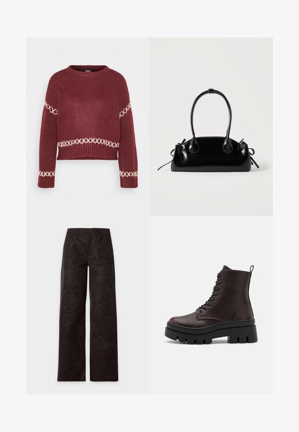 Burgunderfarvet strikket sweater med ribbet tekstur, rund halsudskæring og hvid korsstingsmønster langs ærmerne og kanten. Kort design.; Vidbenede mørkebrune læderbukser med forlommer, bæltestropper og knaplukning på en ensfarvet lys baggrund.; Brune læder ankelstøvler med en rund tå, sort kraftig sål og snørredetaljer. Har en bageste løkke for nem påtagning.; Lille sort blank håndtaske med to lange håndtag og snøre-detaljer i siden på en ensfarvet lys baggrund.