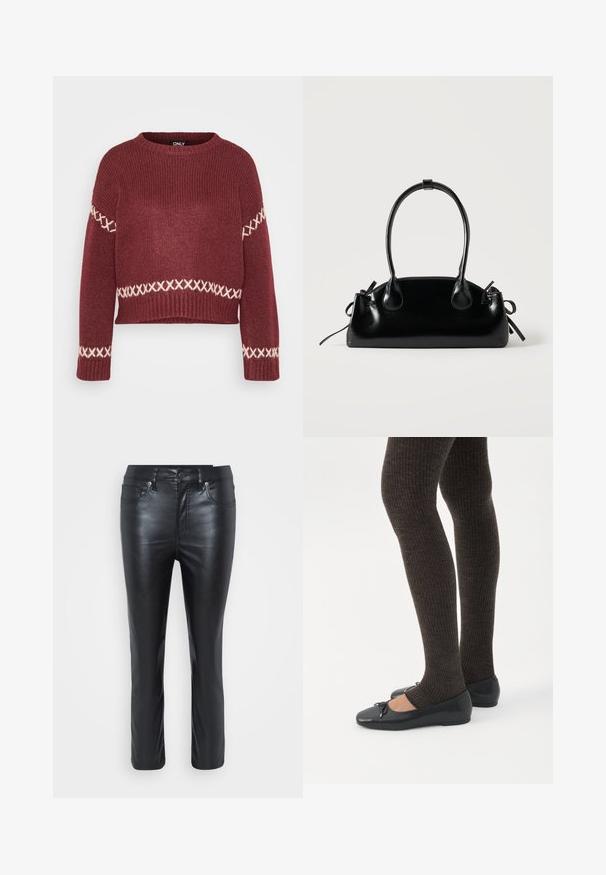 Bordeaux gebreide trui met ribbelstructuur, ronde halslijn en wit kruissteekpatroon langs de mouwen en onderrand. Korte pasvorm.; Zwarte leren broek met een slim fit, voorzien van voorzakken, een knoopsluiting en een lichte glans. De pijpen zijn recht gesneden met gestikte details.; Benen met donkere geribbelde leggings gecombineerd met zwarte ballerina's met kleine strikdetails op een witte achtergrond.; Kleine zwarte glanzende handtas met twee lange hengsels en zijkant trekkoord details op een effen lichte achtergrond.
