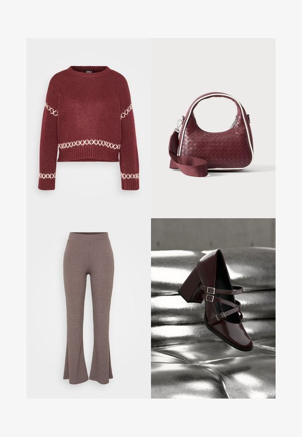 Burgunderfarvet strikket sweater med ribbet tekstur, rund halsudskæring og hvid korsstingsmønster langs ærmerne og kanten. Kort design.; Brune ribbede flairbukser med en høj, strækbar talje og en blød tekstur, der har et subtilt vertikalt mønster gennem hele stoffet.; Blank, mørk bordeaux Mary Jane-sko med tre remme og sølvspænder svæver over en sølvmetallic polstret overflade.; Mørkerød vævet lædertaske med buet hank, hvid kant, sølv lynlås og aftagelig bred stofskulderrem mod en ensfarvet baggrund.