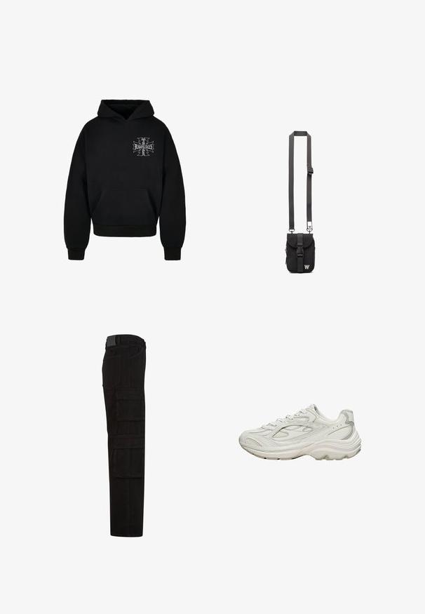 Schwarzer Hoodie aus Baumwollmischung, mit einer Fronttasche, gerippten Bündchen und einem gedruckten Design auf der Brust mit gotischer Schrift.; Schwarze Cargohose mit mehreren großen Überschlagtaschen, Gürtelschlaufen und geradem Beinanschnitt, seitlich dargestellt.; Weißer Sneaker mit strukturiertem Obermaterial und klobiger Sohle. Merkmale sind geschwungene Linien, dezente graue Akzente und ein Schnürdesign.; Schwarze Stoff-Crossbody-Tasche mit verstellbarem Riemen, Klappe vorne und Reißverschlusstasche. Mit gebrandeten Beschlägen und kompaktem rechteckigem Design.