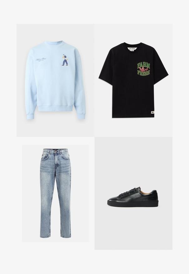 Sudadera azul claro con bordado de un hombre caminando que sostiene baguettes y texto "Filling Pieces Baking Bread" en el lado izquierdo del pecho.; Camiseta de algodón negra con un estampado gráfico en texto verde y rosa que dice "FARM FRESH", con un corte holgado y mangas cortas.; Jeans de mezclilla de tiro alto en azul claro con un corte recto, cinco bolsillos y cierre de botón. Presentan un desgastado sutil y detalles de costura.; Zapatilla negra de cuero con una textura suave, puntera redonda y cierre de cordones. Presenta una suela de goma gruesa y un detalle de marca mínimo.