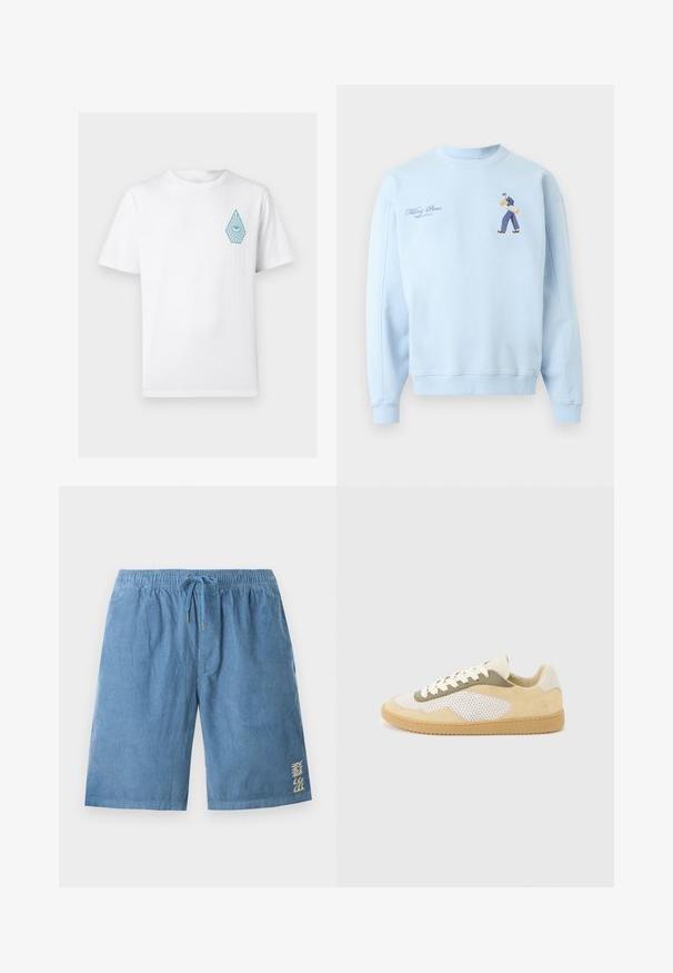 Sweat-shirt bleu clair avec broderie d'un homme marchant tenant des baguettes et le texte « Filling Pieces Baking Bread » sur la poitrine gauche.; T-shirt blanc à manches courtes avec col rond, orné d'un petit dessin d'œil bleu à l'intérieur d'une forme de goutte sur le côté gauche de la poitrine.; Short en velours côtelé bleu avec taille élastique et cordon, présentant une petite broderie de soleil et de vague sur la partie inférieure gauche de la jambe.; Baskets basses en daim beige, panneaux en maille blanche, accents olive, lacets blancs et semelle en caoutchouc naturel sur fond gris clair.