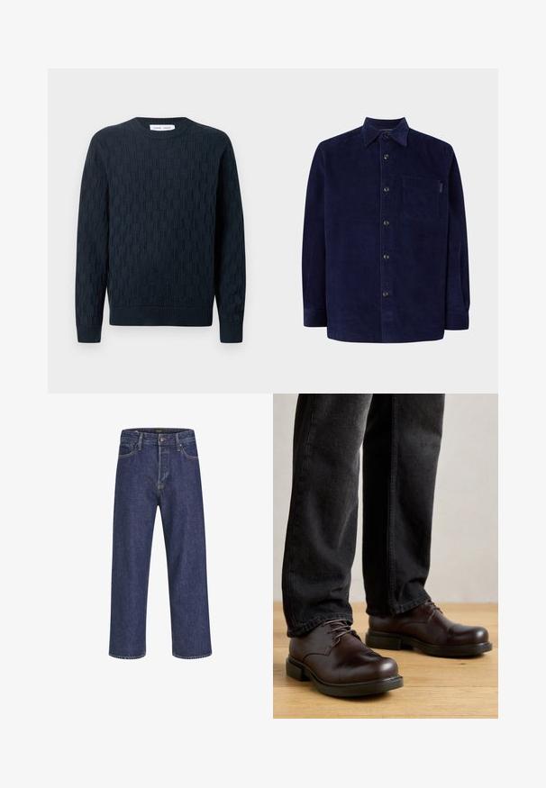 Marineblå strikket sweater med et tekstureret mønster, rund hals og ribbede manchetter og kant. Fremstillet af blødt garn for komfort.; Marineblå kordfløjlsskjorte med knaplukning foran, spids krave, lange ærmer og en enkelt brystlomme. Tekstureret stof med lodrette ribber.; Mørkeblå denimjeans med lige snit, fem-lomme design, metalknaplukning og kontrasterende syninger, der har en subtil tekstur.; Brune lædersko med rund tå, snørelukning og kraftig sort gummisål, parret med mørke denim bukser.