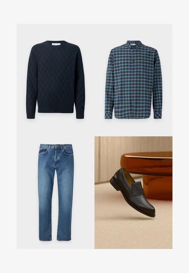 Marineblauwe gebreide trui met een gestructureerd patroon, ronde halslijn en geribbelde boorden en onderrand. Gemaakt van zachte garen voor comfort.; Samsøe Samsøe SALIAM - Overhemd - turkish coffee; Lichtblauwe denim jeans met een rechte pijpdesign, vijf zakken, een knoopsluiting en subtiele vervaging aan de voorkant.; Zwarte leren loafer met lage hak zwevend boven een beige tapijt dichtbij een ronde bruine tafel.