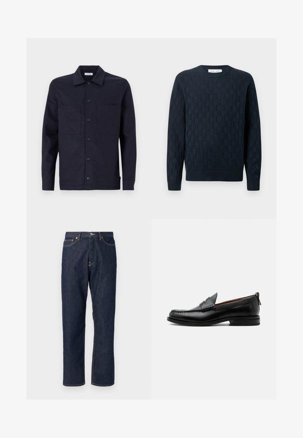 Pull en laine de couleur bleu marine, avec un motif texturé, un col rond et des poignets et un ourlet en côtes. Fabriqué à partir de fil doux pour plus de confort.; Chemise bleu marine à boutons avec un col classique, deux poches avant, des manches longues et une texture en coton lisse.; Jean en denim bleu foncé avec une coupe droite. Comprend une fermeture à bouton et à fermeture éclair, cinq poches et des détails de surpiqure contrastants.; Mocassin homme en cuir noir avec couture moc toe, bride penny, col texturé et petit talon empilé sur fond blanc.