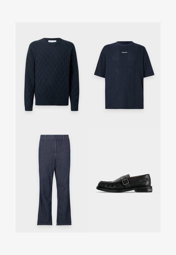 Pull en laine de couleur bleu marine, avec un motif texturé, un col rond et des poignets et un ourlet en côtes. Fabriqué à partir de fil doux pour plus de confort.; T-shirt oversize bleu marine en tissu texturé, avec des manches courtes et un col rond. Le nom de la marque "Samsoe" est imprimé en blanc.; Jean en denim bleu foncé avec une coupe droite, doté d'une fermeture par bouton et de surpiqûres blanches contrastantes sur les poches et les coutures.; Mocassin en cuir noir avec une bride à boucle, détails cousus autour de la pointe, et un petit talon avec un accent métallique.