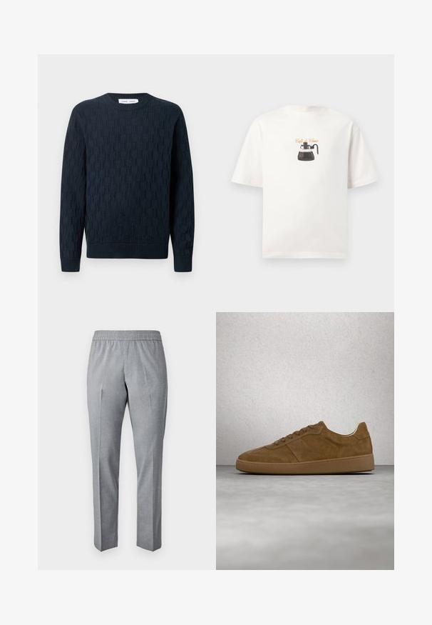 Pull en laine de couleur bleu marine, avec un motif texturé, un col rond et des poignets et un ourlet en côtes. Fabriqué à partir de fil doux pour plus de confort.; T-shirt en coton blanc avec un motif d'une cafetière et le texte "Café du Choix" en cursive au-dessus. Manches courtes, coupe décontractée.; Pantalons gris, tissés, avec une taille élastique, coupe droite et pli sur le devant. La texture du tissu semble lisse et légère.; Baskets en daim marron avec des lacets couleur fauve et une semelle en caoutchouc. Présente un bout arrondi et des détails cousus sur la tige. Design léger.