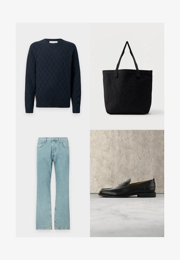 Marineblauer Strickpullover mit strukturiertem Muster, Rundhalsausschnitt und gerippten Bündchen sowie Saum. Aus weichem Garn für hohen Komfort gefertigt.; Hellblaue Jeans aus Denim mit geradem Schnitt, ausgestattet mit fünf Taschen und einem Knopfverschluss. Sichtbare Nähte und fransiger Saum.; Schwarzer Herren-Slipper aus Leder mit einer krokogeprägten Vorderkappe und einem niedrigen Absatz, im Profil vor neutralem Hintergrund gezeigt.; Schwarze Canvas-Shopper-Tasche mit zwei Schulterriemen und einem dezenten, eingeprägten kreisförmigen Design auf der Vorderseite.
