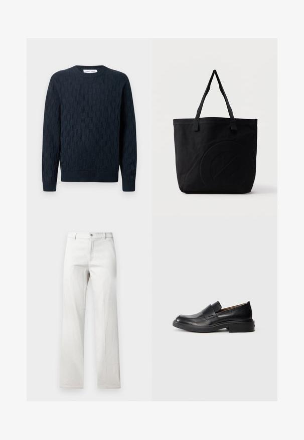 Pull en laine de couleur bleu marine, avec un motif texturé, un col rond et des poignets et un ourlet en côtes. Fabriqué à partir de fil doux pour plus de confort.; Pantalon gris clair avec une coupe droite, fabriqué dans un tissu lisse, doté d'une fermeture à bouton à l'avant et de poches latérales.; Chaussure habillée noire en cuir, à enfiler, avec un petit talon et un logo Calvin Klein discret sur le côté, présentée de profil sur un fond blanc.; Sac fourre-tout en toile noire avec deux bandoulières et un motif circulaire discret en relief sur le devant.