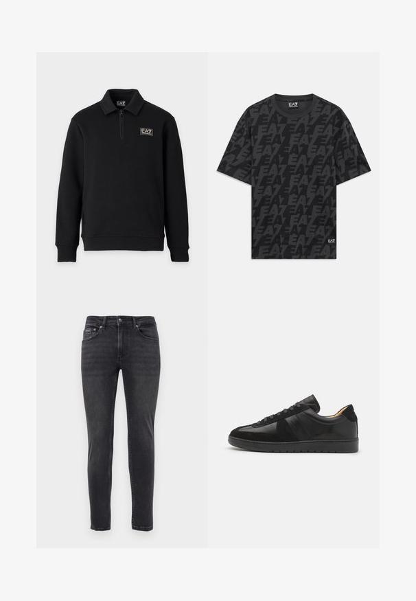 Musta pitkähihainen pusero, jossa lyhyt vetoketju edessä, resorit hihansuissa ja EA7 Emporio Armani -logo vasemmassa rinnassa sekä kauluksessa.; Musta lyhythihainen pyöreäkauluksinen t-paita, jossa on toistuvia tummanharmaita "EA7" -logoja ja pieni EA7 Emporio Armanin etiketti helman kohdalla.; Slim-fit mustat farkut, joissa on viisi taskua ja nappi- ja vetoketjusulku, esiteltyinä yksinkertaisen valkoisen taustan edessä.; Tiger of Sweden BELLICU - Matalavartiset tennarit - black