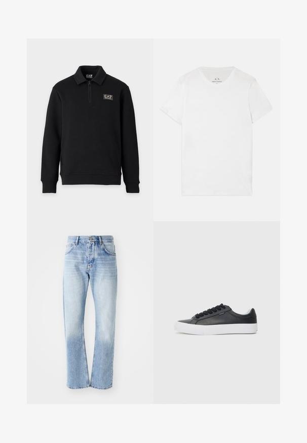 Schwarzer Langarm-Pullover mit kurzem Frontreißverschluss, gerippten Bündchen und EA7 Emporio Armani Logo auf der linken Brust und am Kragenetikett.; Weißes Baumwoll-T-Shirt mit klassischem Rundhalsausschnitt und kurzen Ärmeln. Besitzt ein dezentes Markenetikett im Kragen, keine weiteren Muster.; Helle blaue Jeans mit geradem Schnitt. Verfügt über ein Fünf-Taschen-Design, einen Knopfverschluss und eine ausgewaschene Textur zum unteren Bereich hin.; Schwarzer Leder-Sneaker mit weißer Gummisohle, runder Zehenpartie und schwarzen Schnürsenkeln, mit glatter Textur und minimalistischem Design.