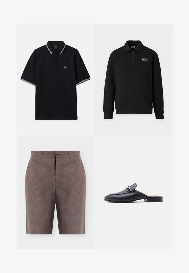 Pull noir à manches longues avec une courte fermeture éclair sur le devant, des poignets côtelés et le logo EA7 Emporio Armani sur la poitrine gauche et l’étiquette du col.; Polo noir en coton, doté d'un col à deux boutons, avec des accents rayés blancs sur les manches et un logo sur la poitrine.; Shorts marron pour homme sur mesure avec bouton à l'avant, fermeture éclair, passants pour ceinture et poches latérales, présentés sur un fond blanc uni.; Mules en cuir noir à enfiler avec une surface texturée, bout arrondi et accent en métal. Talon plat et design minimaliste.