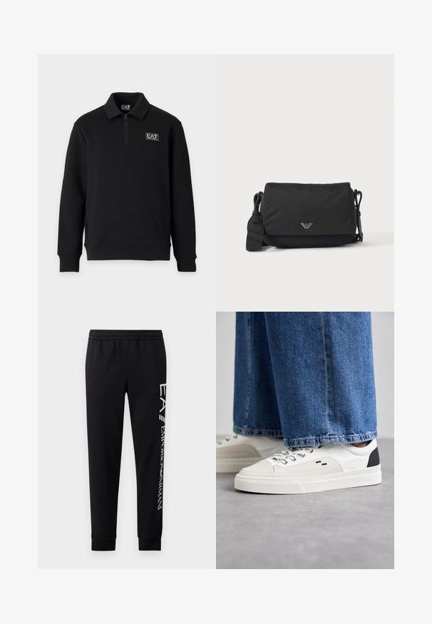 Must musta pikkade varrukatega kampsun, lühikese esikraega tõmblukuga, soonikkoes varrukasäärtega ning EA7 Emporio Armani logo vasakul rinnal ja krae sildil.; Mustadest puuvillasegustest dressipükstest, millel on elastne vöökoht, kitsenevad säärte ning ribatsoonidega mansetid ja valge logo trükk külgmisel osal.; Valged ja mustad spordijalatsid sileda nahkpealise, tekstuursete aktsentidega ja paksu valge tallaga. Omab klassikalist nööbistamise disaini.; Must ristkott-kott reguleeritava rihma ja väikese hõbedase logoga esipaneelil, esitatud lihtsal heledal taustal.