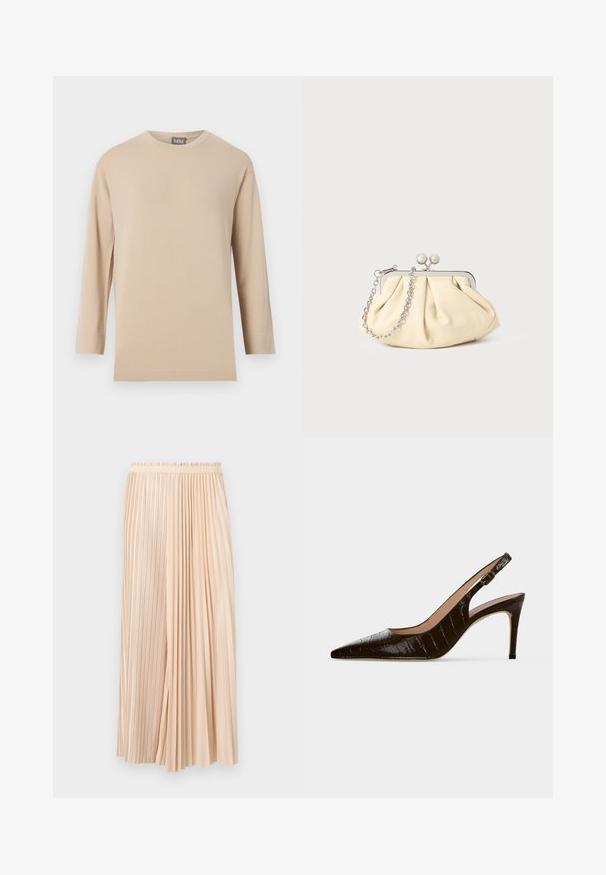 T-shirt beige à manches longues avec col rond et ourlet droit, présenté sur un fond blanc uni.; Jupe midi plissée bicolore beige avec ceinture élastique, combinant des plis fins et larges pour un look fluide et texturé.; Chaussure slingback à talon haut marron foncé, bout pointu, texture crocodile et petite boucle dorée sur la bride.; Pochette en cuir beige plissé avec un cadre en métal argenté, dotée de deux fermoirs ronds décoratifs et d'une chaîne en argent.