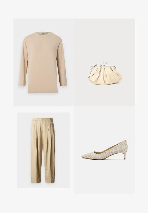 T-shirt beige à manches longues avec col rond et ourlet droit, présenté sur un fond blanc uni.; Pantalon beige à taille haute plissé avec passants pour ceinture, fermeture éclair à l'avant et jambes larges et droites sur un fond uni.; Pointe de chaussure beige en tissu avec un motif géométrique, dotée d'un petit talon et d'une silhouette épurée. Texture lisse et accents minimaux.; Pochette en cuir beige plissé avec un cadre en métal argenté, dotée de deux fermoirs ronds décoratifs et d'une chaîne en argent.