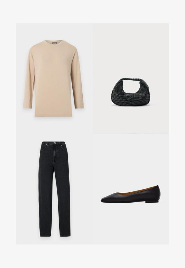 T-shirt beige à manches longues avec col rond et ourlet droit, présenté sur un fond blanc uni.; Jean noir à jambe droite en denim. Présente une taille haute, une fermeture à bouton en métal, cinq poches et des détails de couture subtils.; Chaussure plate en cuir noir à bout pointu avec talon bas et finition lisse, vue de côté sur un fond gris clair.; Sac hobo tissé noir avec une structure souple et une poignée intégrée, présenté sur un fond clair uni.